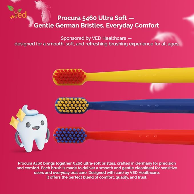 Ved ProCura Ultra Soft Toothbrush – Gentle Manual Toothbrush for Adults with 5,460 Super Soft Bristles for Sensitive Teeth and Gums, (Dark Blue+RED+Yellow)