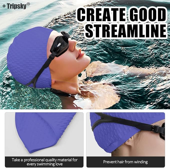 Tripsky Silicone Swim Cap,Comfortable Bathing Cap Ideal for Curly Short Medium Long Hair, Swimming Cap for Women and Men, Shower Caps Keep Hairstyle Unchanged…-StrideForce Fitness