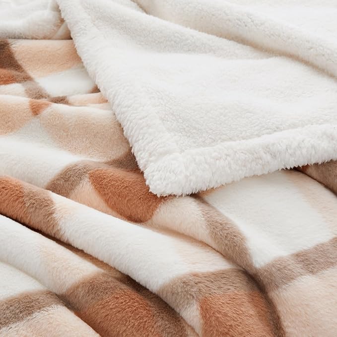 PU MEI Super Soft Faux Rabbit Fur Sherpa Fleece Throw Blanket, Reversible Luxury Cozy Cute Furry Blanket, Plush Warm Shaggy Fluffy Checkered Blankets for Sofa Couch Bed (Beige-Plaid, 80" x 90")-StrideForce Fitness