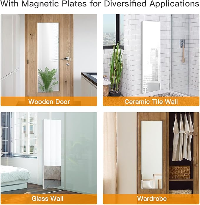 55"x16" Magnetic Mirror Lightweight Full-Length Mirror | Strong Adhesion, Easy Installation | Suitable for Refrigerators, Glass Walls, Wooden Doors, and More | 8.2kg Ultra-Strong Support | Silver-StrideForce Fitness