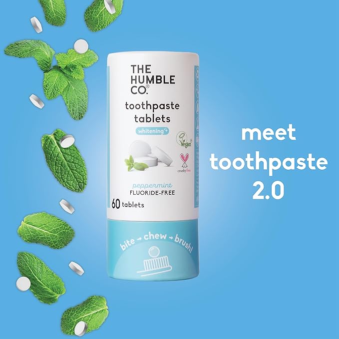 The Humble Co. Whitening Toothpaste Tablets – Fluoride Free Toothpaste Whitening Tablets, Dentist Developed Formula, Vegan, SLS Free, Plastic Free (Peppermint, 3 PK)