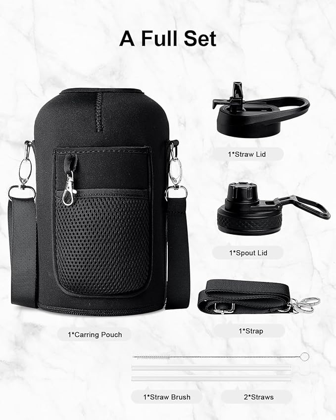 Trebo 64 oz Water Bottle Insulated with Handle, Half Gallon Stainless Steel Metal Large Jug, Travel Flask with Straw Spout Lid, Mug Tumbler Cup with Carry Pouch, Keep Cold Hot, Indigo Black-StrideForce Fitness