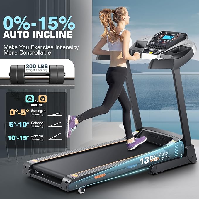 Treadmill with 15% Auto Incline, FUNMILY 3.25HP Heavy Duty Treadmill for Home, 300 lb Weight Capacity Folding Running Machine, Smart App Control/Shock Absorption/Bluetooth Speaker/Large LED Display-StrideForce Fitness