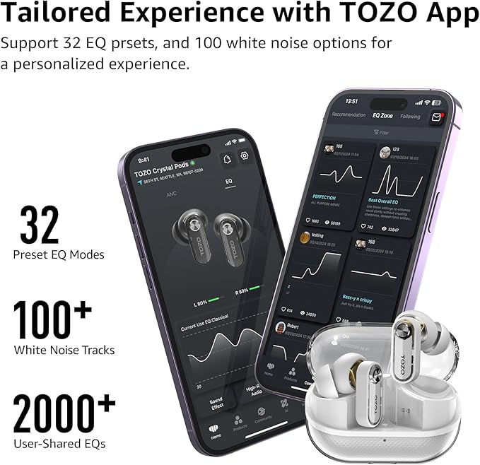 TOZO Crystal Pods Hybrid Active Noise Cancelling Wireless Earbuds, 10mm Drivers Deep Bass Stereo Sound, 4 Mics Smart ENC AI Calls, 32 EQ via App, Bluetooth 5.4 Headphones, Crystal Case Design-StrideForce Fitness