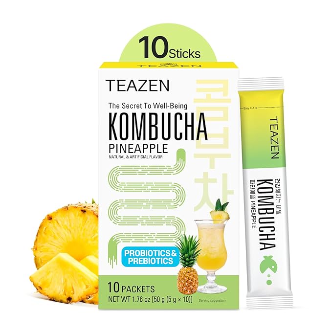 TEAZEN Pineapple Kombucha Tea, Hydration Drink Mix, Sugar Free, Live Probiotics & Prebiotics, 10 Sticks, 1.76oz-StrideForce Fitness