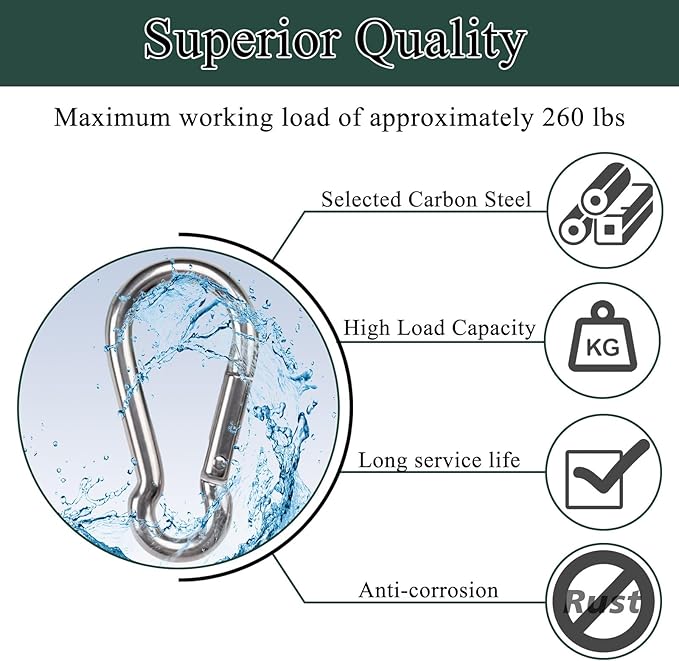 M6 Spring Snap Hook Carabiners, Carabiner Clip, Heavy Duty Galvanized Steel Spring Clip, Quick Link Key Chain for Swing Hammock Gym Outdoor, Holding Capacity-StrideForce Fitness