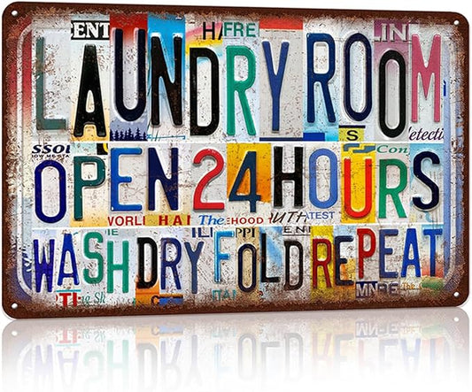 Vintage Laundry Room Wall Decor Metal Sign Tin Signs Poster - Open 24 Hours Wash Dry Fold Repeat-StrideForce Fitness