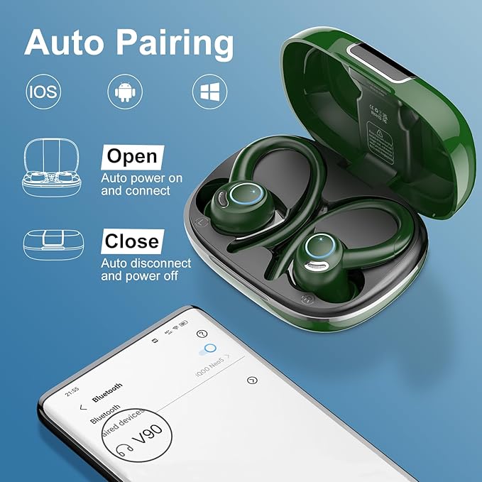 Wireless Earbuds Bluetooth 5.3 Headphones Sports, 48Hrs Playtime Bluetooth Earbuds with CVC 8.0 Mic, Stereo Bass Over Ear Bud with Earhooks, LED Display, IP7 Waterproof Earphon for Running Green-StrideForce Fitness