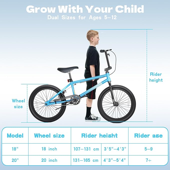 67i Boys BMX Bike 18/20 Inch Ages 8-12 Kids Bicycle with Front Rear U Brake Adjustable Seat Iron Fork 2.09" Wide Tires-StrideForce Fitness