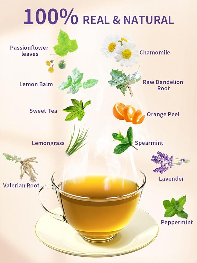 TeeLux Chamomile Passionflower Tea, Caffeine Free Tea with Lemon Balm, Spearmint, Valerian Root, Lavender, Soothing & Smooth Taste, 100 Count