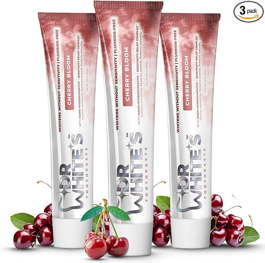 Dr. White’s Fluoride-Free nHA Toothpaste 3-Pack; Dentist-Formulated, Nano Hydroxyapatite + Xylitol, Sensitivity Relief Complex™, Mint-Free, Enamel Safe, Swallow-Safe (3.5 Oz, Cherry Bloom)