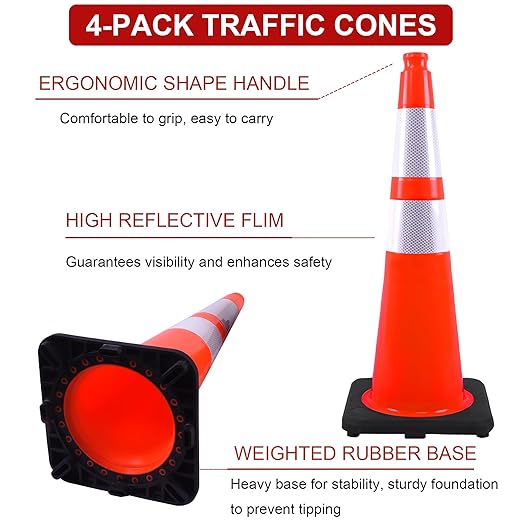 OrangeStar 4 Pack 28" Orange Traffic Cones, PVC Parking Construction Safety Cones w/Reflective Collars Heavy Duty Rubber Base for Driving Practice, Parking Lots and Roadwork-StrideForce Fitness