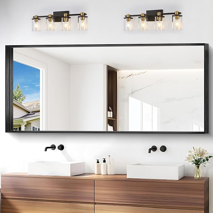 Black Bathroom Mirror, 72x30 Inch Rectangular Deep Frame Mirror, Large Wall Mounted Bathroom Vanity Mirror Over Sink for Bedroom,Restroom, Living Room, Hangs Vertically or Horizontally-StrideForce Fitness