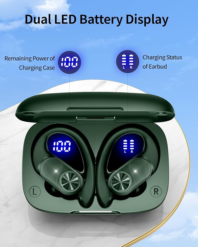 PocBuds Bluetooth Headphones Wireless Earbuds 80hrs Playtime Wireless Charging Case Digital Display Sports Ear Buds with Earhook Deep Bass IPX7 Waterproof Over-Ear Earphones for TV Phone Laptop Olive-StrideForce Fitness