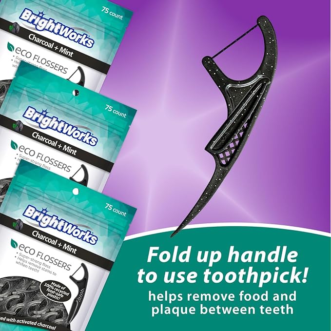 Brightworks ECO Sustainable Floss Picks - 225 Count - PFAS Free - Made in USA Charcoal + Mint Infused 100% Post-Consumer Recycled Plastic with Micro-Crystals for Oral Care Hygiene Gum Health
