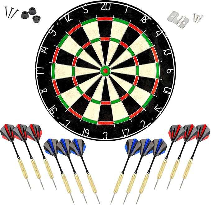 LinkVisions Dartboard with Staple-Free Bullseye, 18g Steel Tip Darts Set,12 Steel Tip Darts 18g, Dartboard Mounting Kits Included-StrideForce Fitness