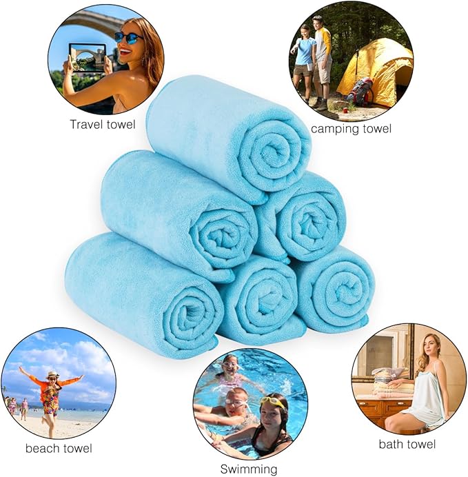 JML Microfiber Bath Towels, Bath Towel Set (6 Pack, 27" x 55") - Extra Absorbent and Fast Drying,Multipurpose Microfiber Towel for Bath, Beach, Pool, Sports, Yoga - Sky Blue-StrideForce Fitness