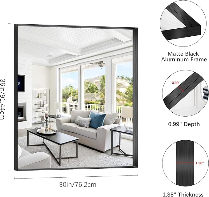 Black Bathroom Mirror, 30x36 Inch Rectangular Framed Mirror, Large Wall Mounted Bathroom Vanity Mirror Over Sink for Bedroom,Restroom, Living Room, Hangs Vertically or Horizontally-StrideForce Fitness