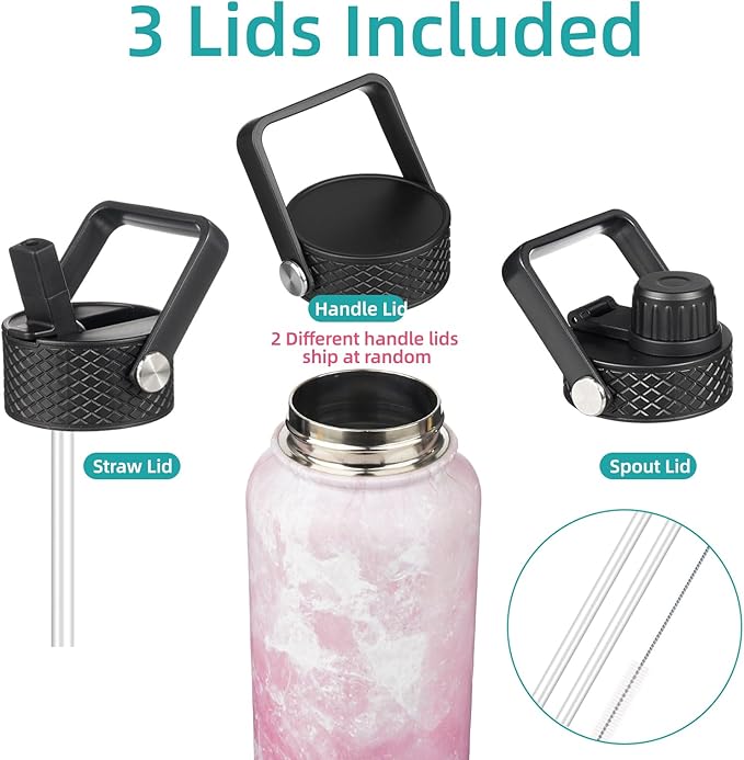 18 oz Insulated Water Bottle Stainless Steel Sport Bottles with 3 Lids,Marble Blossom-StrideForce Fitness