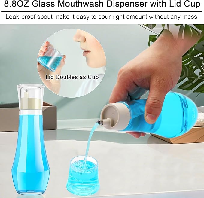 Tiyafuro 2PCS Glass Mouthwash Dispenser for Bathroom, 8.8OZ Mouth Wash Container Bottle with Lid Cup, Small Clear Refillable Mouthwash Holder Decanter for Countertop, Multifunctional Glass Bottle