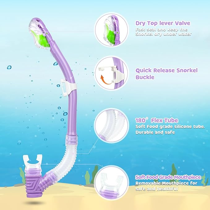 Dry Snorkel for Kids, Ultimate Snorkel Tube for Snorkeling, Freediving & Swimming, Easy-Breath Technology, Top-Mounted Dry Valve & Food-Grade Silicone Mouthpiece-StrideForce Fitness