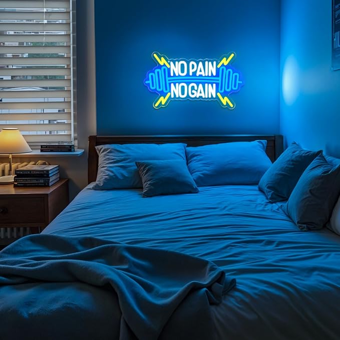 No Pain No Gain Neon Sign for Gym Wall Decor,Led Sign,Neon Lights for Bedroom,Motivational LED Light Up Sign for Home Fitness Room,Garage,Workout,Man Cave,Blue & Yellow Barbell Neon Light-StrideForce Fitness