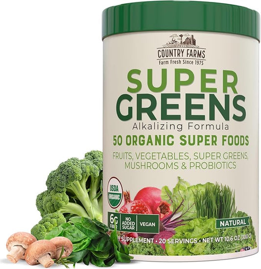 COUNTRY FARMS Super Greens Natural Flavor, 50 Organic Super Foods, USDA Organic Drink Mix, Fruits, Vegetables, Super Greens, Mushrooms & Probiotics, Supports Energy, 20 Servings, 10.6 Oz-StrideForce Fitness