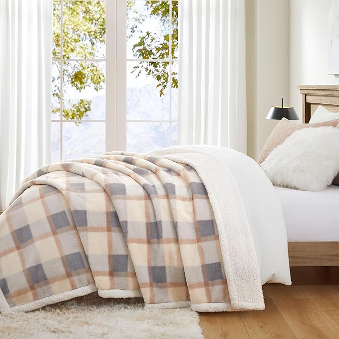 PU MEI Super Soft Faux Rabbit Fur Sherpa Fleece Throw Blanket, Reversible Luxury Cozy Cute Furry Blanket, Plush Warm Shaggy Fluffy Checkered Blankets for Sofa Couch Bed (Grey-Plaid, 80" x 90")-StrideForce Fitness