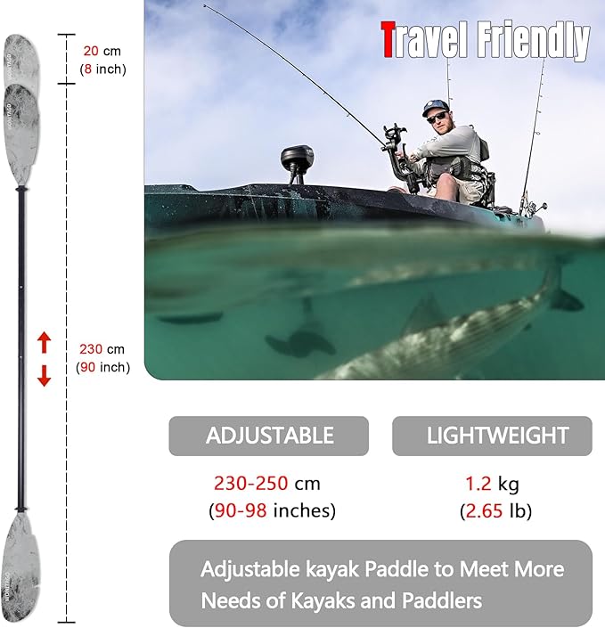 Angler Kayak Paddles Aluminum Paddle with Plastic Blades and Paddle Leash, Floating Adjustable Fishing Kayak Oars, 3 Piece, 230-250cm/90-98 inch-StrideForce Fitness