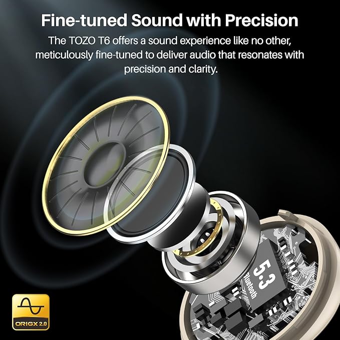 TOZO T6 Wireless Earbuds, Bluetooth 5.3 Ear Buds, Stereo Sound in Ear Headphones, 50 Hours Playtime, Wireless Charging Case, APP Customizable EQs, IPX8 Waterproof Earphones-StrideForce Fitness