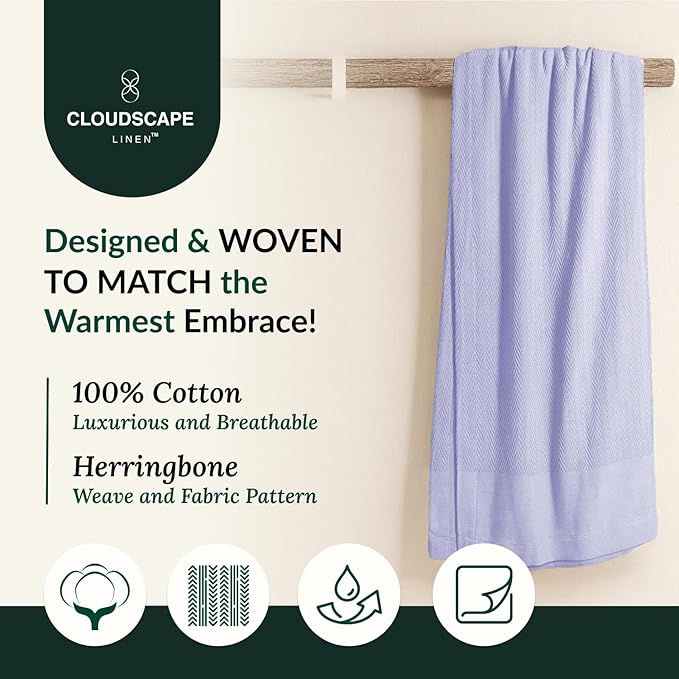 Cloud Scape Linen 100% Cotton Blanket King Size for Bed – Lightweight Summer Blanket, Herringbone Weave,fits California King Size Bed, 92x108,Lavender Blue-StrideForce Fitness