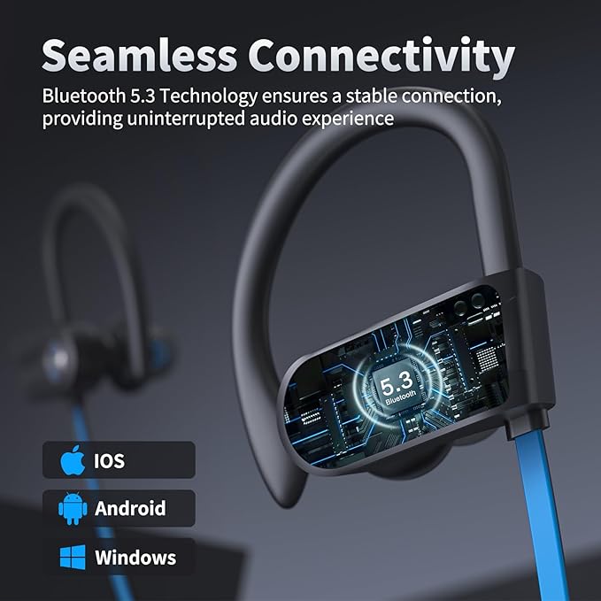 JOYWISE Wireless Headphones Bluetooth 5.3 Headphones with 16 Hours Playtime, Over-Ear Stereo Bass Earphones with Earhooks Headset, Sports Earbuds with Storage Bag for Running, Blue-StrideForce Fitness