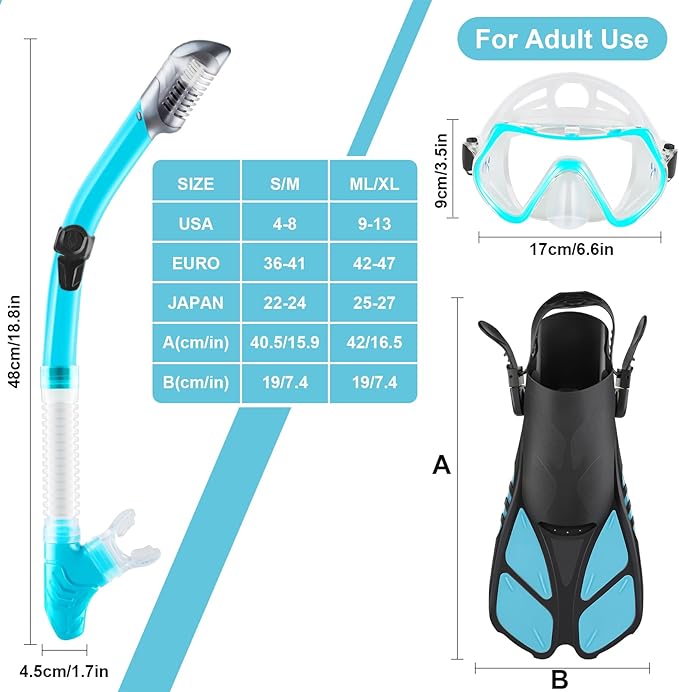 ZEEPORTE Mask Fin Snorkel Set, Travel Size Snorkeling Gear for Adults with Panoramic View Anti-Fog Mask, Trek Fins, Dry Top Snorkel and Gear Bag for Swimming Training, Snorkeling Kit Diving Packages-StrideForce Fitness