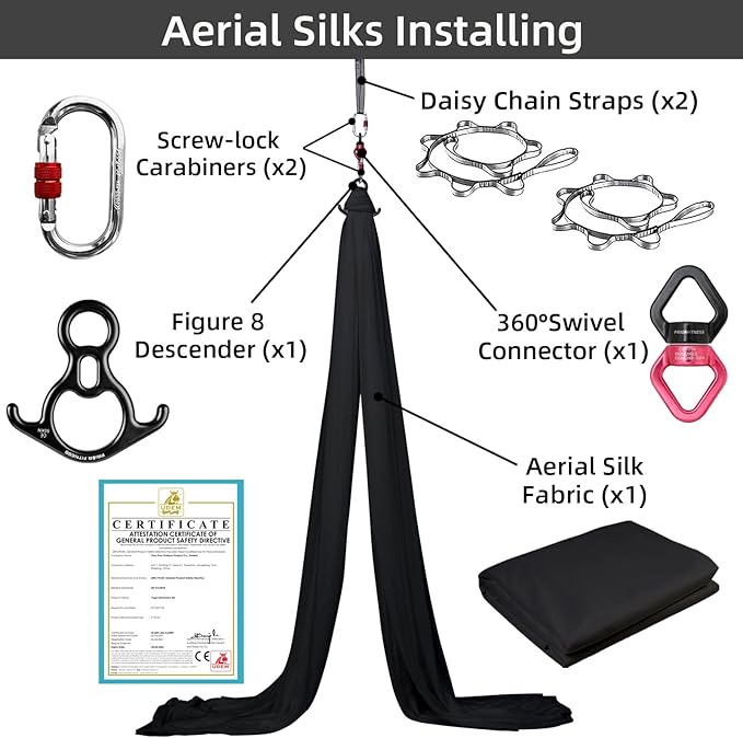 PRIOR FITNESS Aerial Silks Kit Colorful 9/15/20 Yards 40D Nylon Fabric Hammock Set With Hardware & Guide for All Levels Of Aerial Yoga Practice and Acrobatic Flying For Adults Aerial silk-StrideForce Fitness