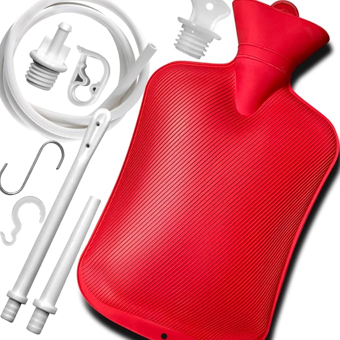 2L Home Enema Bag Kit with 2 Tips, 60 Inch Silicone Hose, Controlable Flow Valve, Hot-Water Bottle for Colon Cleansing (Red)-StrideForce Fitness
