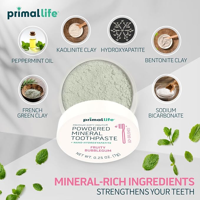 Primal Life Organics - Dirty Mouth Toothpowder, Tooth Cleaning Powder, Flavored Essential Oils with Natural Kaolin & Bentonite Clay, Good for 60+ Brushings, Organic, Vegan (Sweet Bubblegum, 0.25 oz)