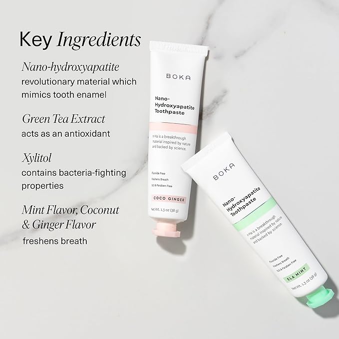 Boka Fluoride Free Toothpaste, Nano Hydroxyapatite Toothpaste, Appropriate for Sensitive Teeth - for Adult, Kids Oral Care - Ela Mint, Coco Ginger Flavor, 1.3 Fl Oz 2Pk US Manufactured