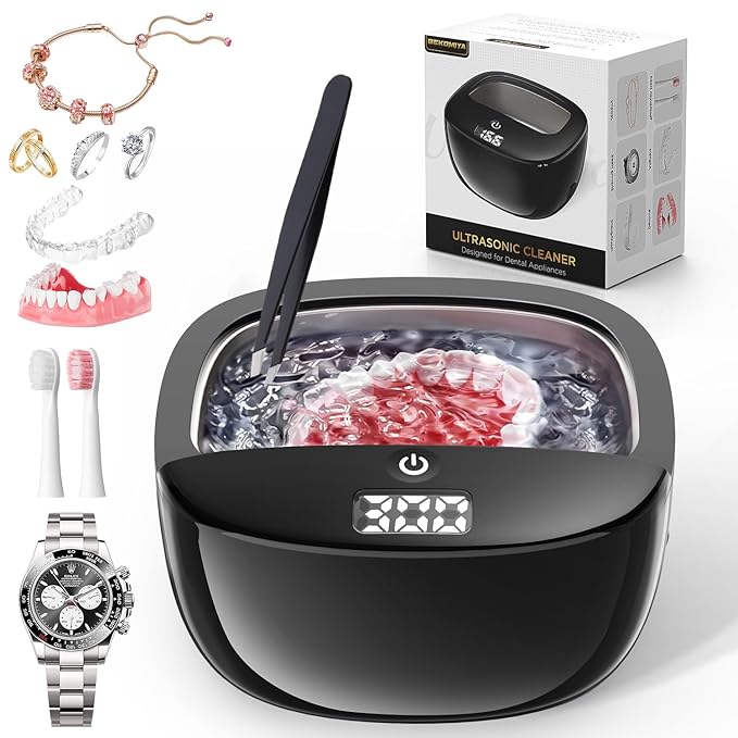 Ultrasonic Retainer Cleaner, 45kHz Dental Cleaning Pod for Dentures, Aligners, Night Guards & Jewelry, 150ML Denture Cleaner 2 Timed Modes & Travel Design (Black, 130ML Ultrasonic Machine)