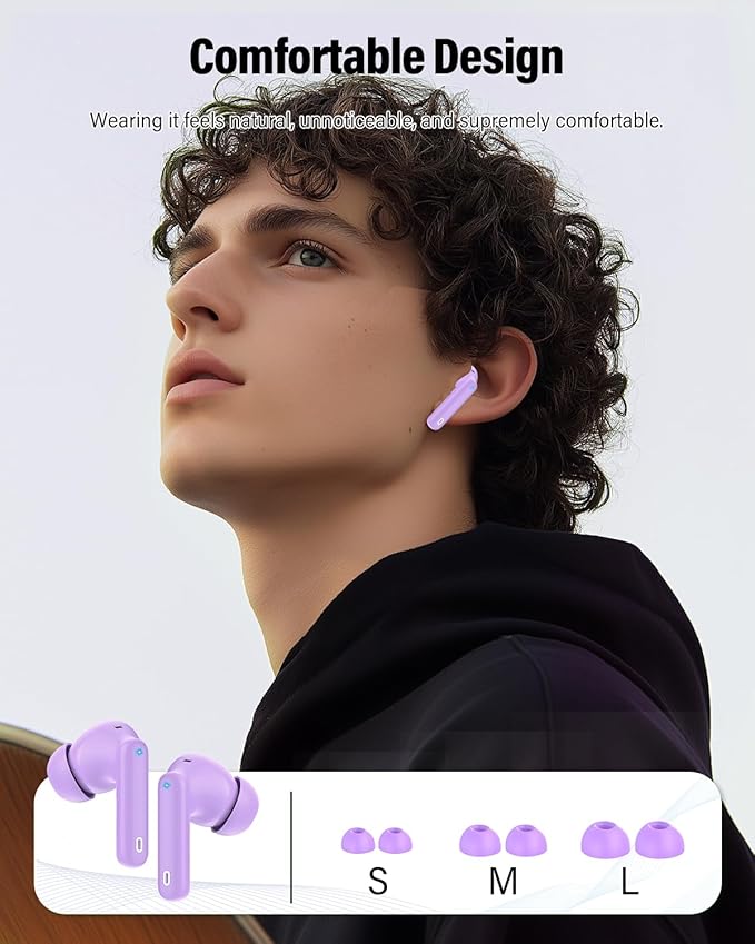 Wireless Earbuds, Bluetooth 5.4 Headphones Bass Stereo, Ear Buds with Noise Cancelling Mic, IP7 Waterproof in Ear Earphones, 36H LED Display Bluetooth Earbuds for Laptop Pad Phones Sports, Purple-StrideForce Fitness