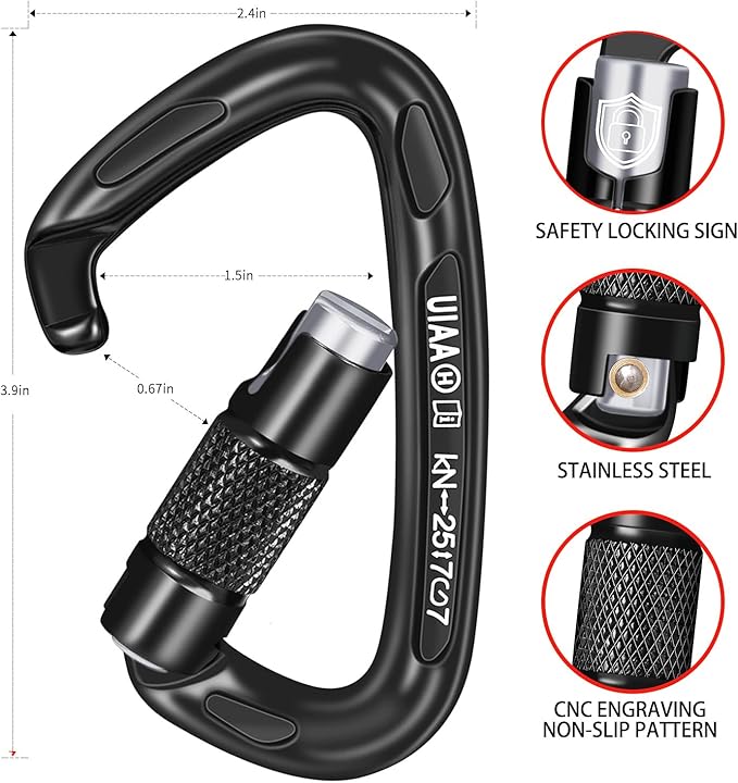 BEIFENG 25KN Auto Locking Carabiner - UIAA Certified Heavy Duty Climbing Carabiners for Rock Climbing, Camping, Rappelling, Hunting, Rescue Equipment - Professional Carabiner Clips (Black)-StrideForce Fitness
