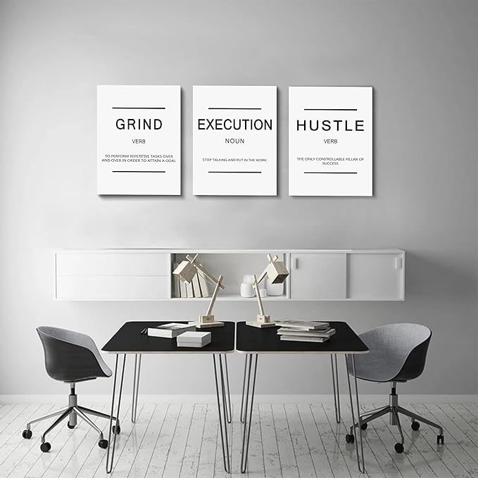 Inspirational Framed Canvas Wall Art - Grind Slogan, Success Quotes, Office Wall Art, Large Poster, Positive Motivational, Execute Poster (C-3pcs, 12x16in x3pcs)-StrideForce Fitness