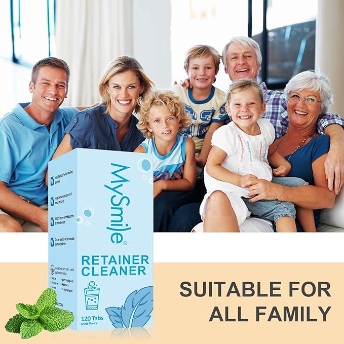 MySmile Retainer Cleaner with 120 Denture Cleaning Tablets, Quickly Remove Odors, Discoloration Stains & Plaque from Aligner, Mouth Guard, Night Guard and More Dental Appliances (Mint Flavor)