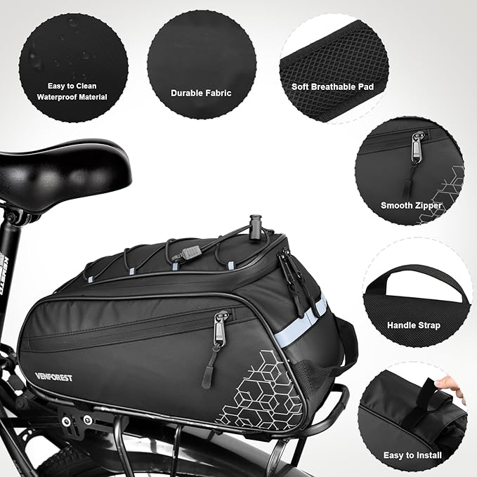 Bike Rear Rack Bag,9L PVC Waterproof Bike Trunk Bag for Road and Mountain Bikes,Bicycle Rear Seat Bag with Rain Cover Bike Saddle Bag for Cycling Trip (Pure Black)-StrideForce Fitness