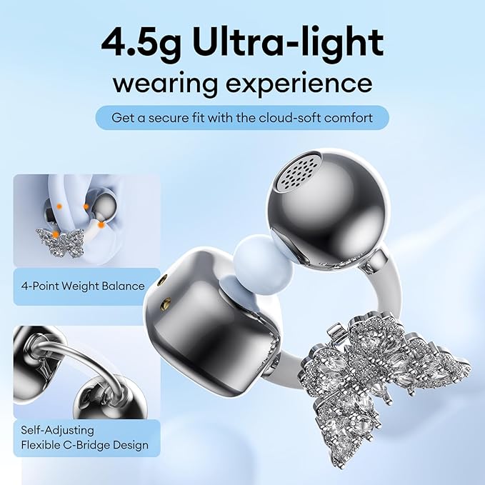 PAXA Bling Open Ear Clip On Earbuds with LED Display & Crystal Butterfly Earrings, Comfort Bluetooth 5.4 Wireless Ear Buds 50H Playtime for Women Girl Work, Fitness, Daily Wear, Gift, Silver-StrideForce Fitness