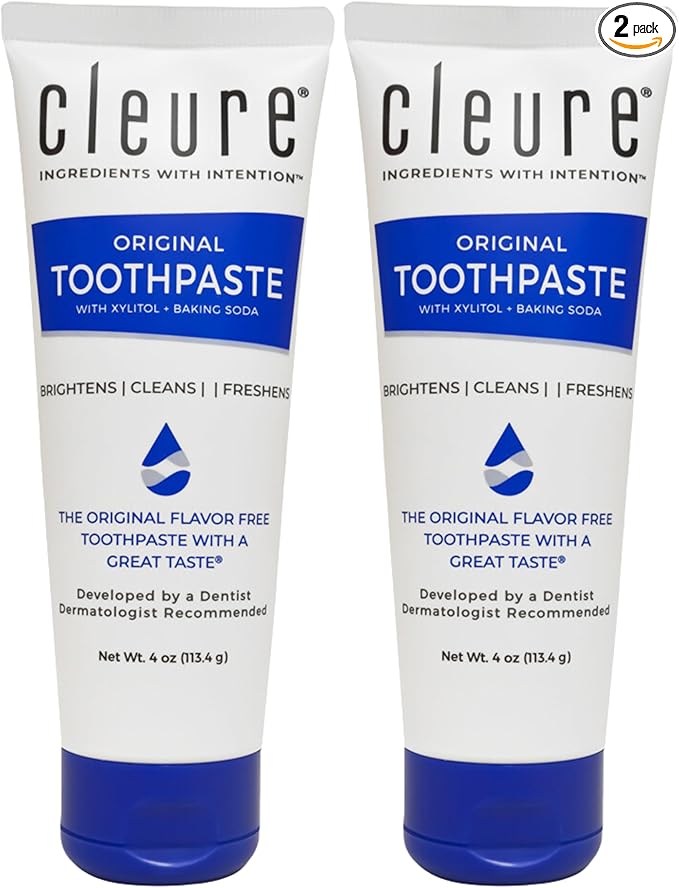 Cleure Original No Fluoride Toothpaste - SLS Free, Mint Free - with Xylitol for Fresh Breath & Helps Whiten - for Kids & Adults - Flavor Free (4oz Tube, Pack of 2)