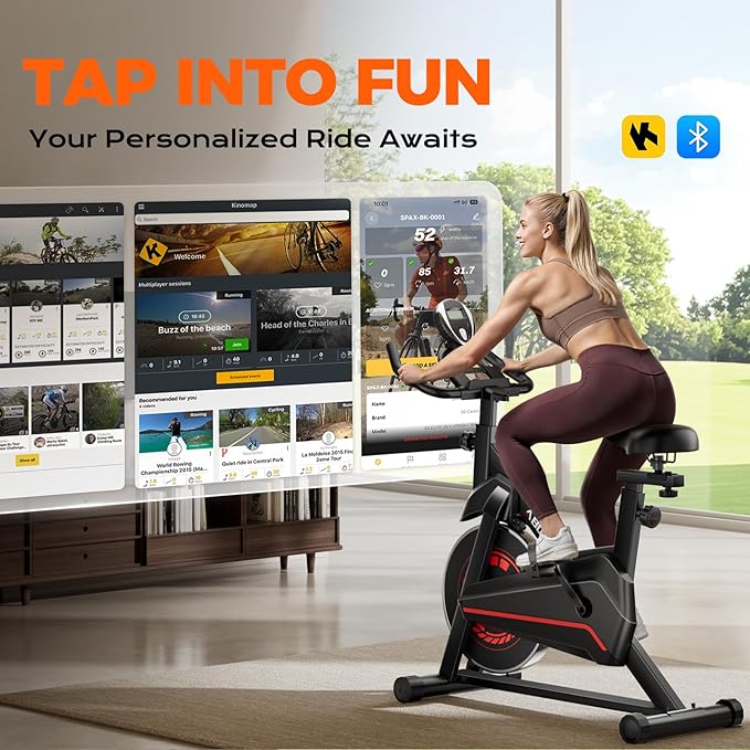Exercise Bike, Adjustable Magnetic Resistance Stationary Bikes for Home with App Compatible, Indoor Cycling Bike with 300lbs Capacity Compact, Extra Comfort Seat & Tablet Mount-StrideForce Fitness
