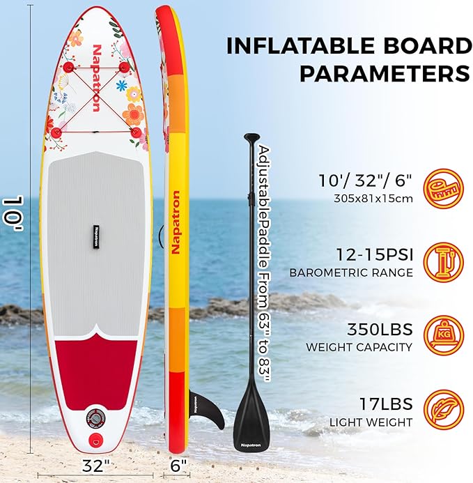 Napatron Family Inflatable Stand Up Paddle Board, Sup,Stable Wide Design,350LBS Capacity,Complete Paddle Board Package with Fast Action Pump,Leash,Ideal for Beginners/Youth & AllSkill Levels-StrideForce Fitness
