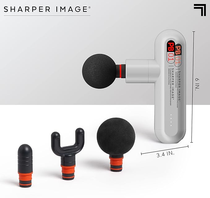 Sharper Image Powerboost Move - Mini Percussion Massage Gun| 4 Attachments, 4 Speeds| Full Body Back & Shoulder Massager| Muscle Recovery & Pain Relief| Deep Tissue Massage Tool| Wellness Gift