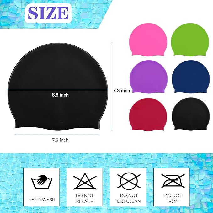 Syhood 6 Pieces Unisex Adult Silicone Swim Cap Waterproof Swimming Hat Non Slip Pool Hat Elastic Silicone Cap for Long and Short Hair-StrideForce Fitness