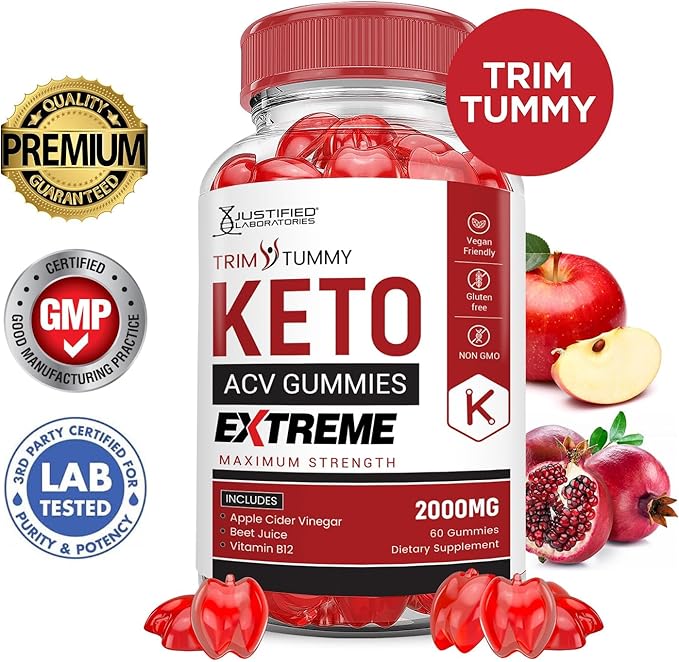 Justified Laboratories Trim Tummy Keto ACV Gummies Extreme 2000MG Trim Tummy Keto Gummies Apple Cider Vinegar Formulated with Pomegranate Beet Juice Powder B12 Vegan Non GMO 60 Gummys-StrideForce Fitness